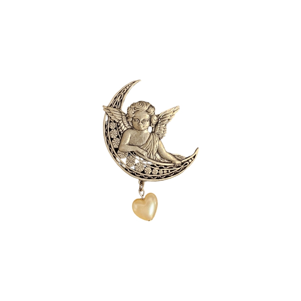 Vintage Signed JJ Moon Cherub Angel Heart Brooch Pin (Silver and Pearl)
